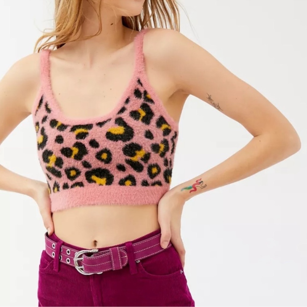 For Love & Lemons Marielle Leopard Print Fuzzy Cami Cropped Sweater Size XS